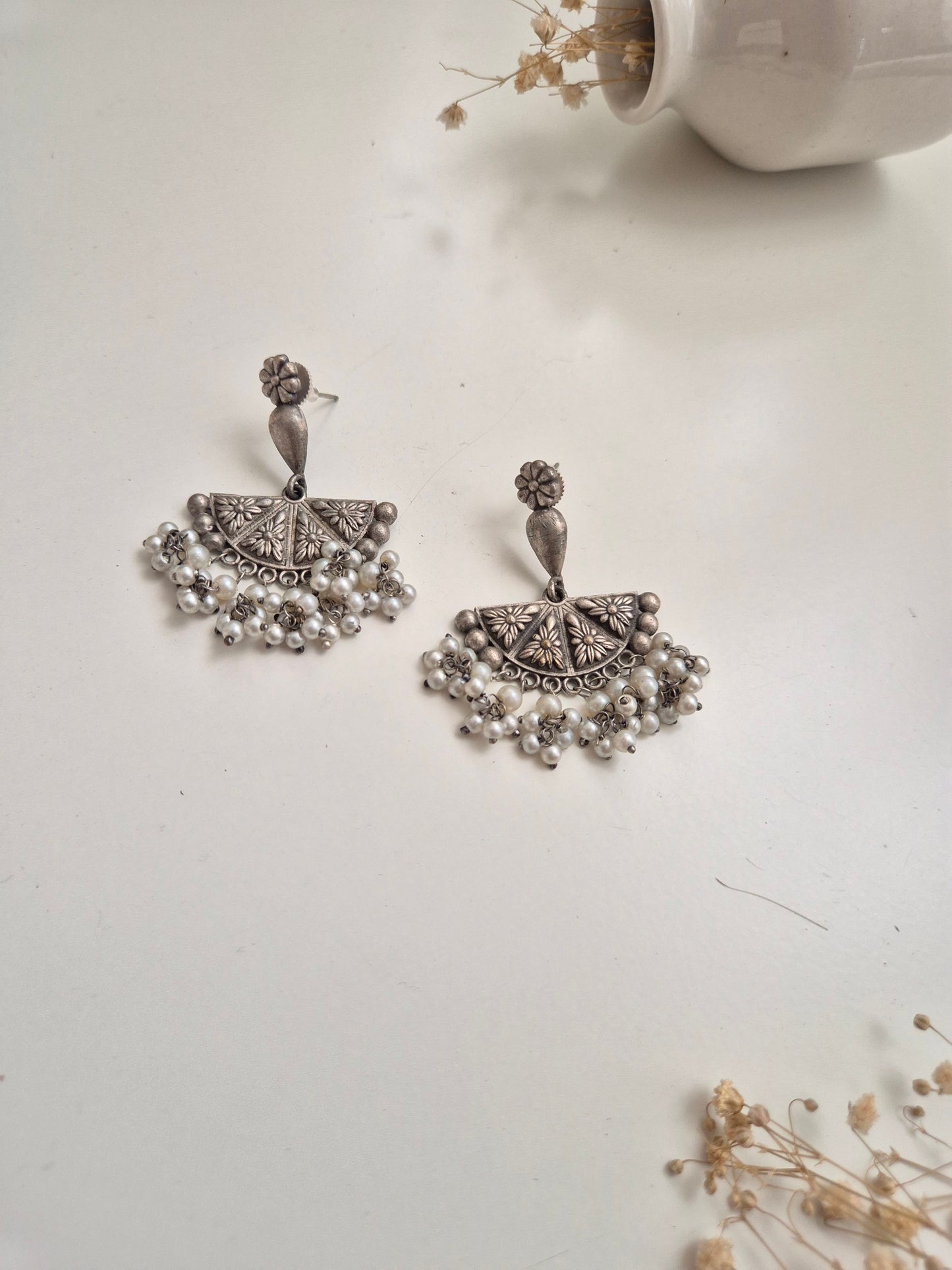 Ashwini Earrings with pearls, handcrafted oxidized jewelry for special events and daily wear.