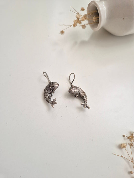 Handcrafted oxidized Hansika Earrings, lightweight silver drop style for women.