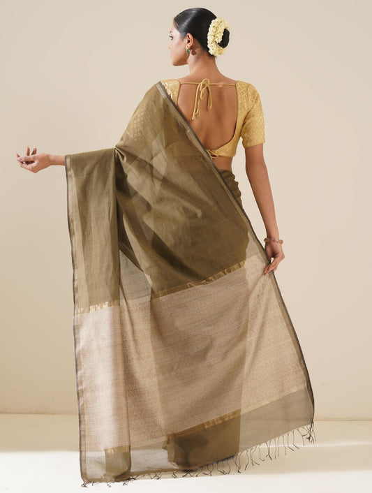 Khaki saree featuring kosa pallu handwoven in fine cotton silk, showcased on a neutral background