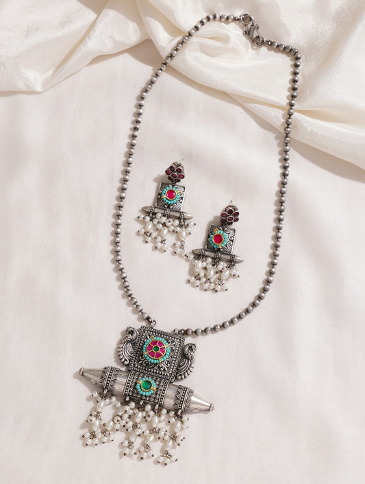Silver look-alike beaded statement necklace set, Mishthi by Naitri.