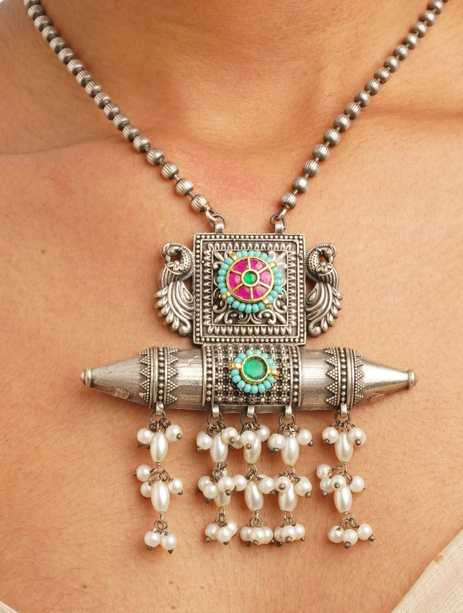 Silver look-alike beaded statement necklace set, Mishthi by Naitri.