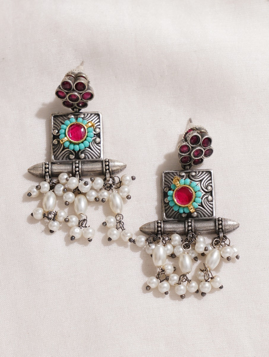 Silver look-alike beaded statement necklace set, Mishthi by Naitri.