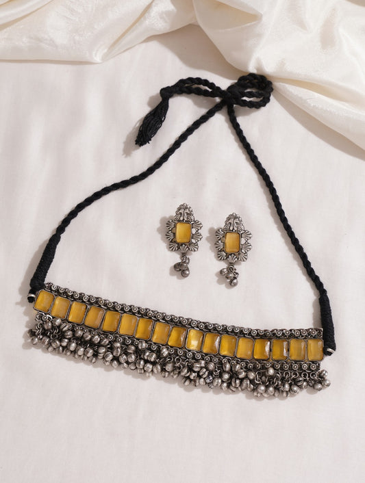 Silver choker and earrings set with multiple color accents, full ensemble view