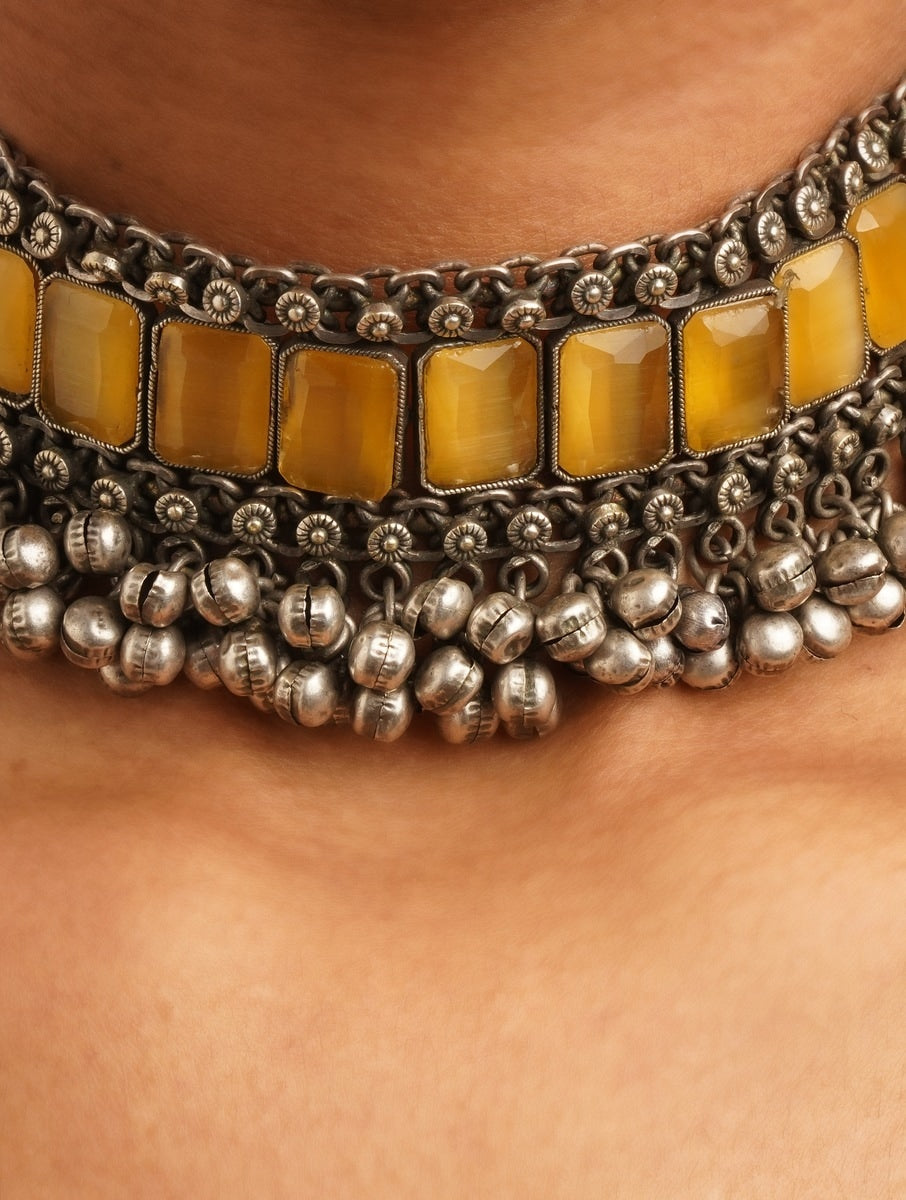 Silver choker and earrings set with multiple color accents, full ensemble view