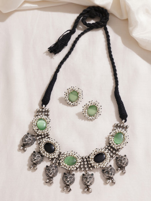 Silver, green, and black necklace set, handcrafted, artistic drape