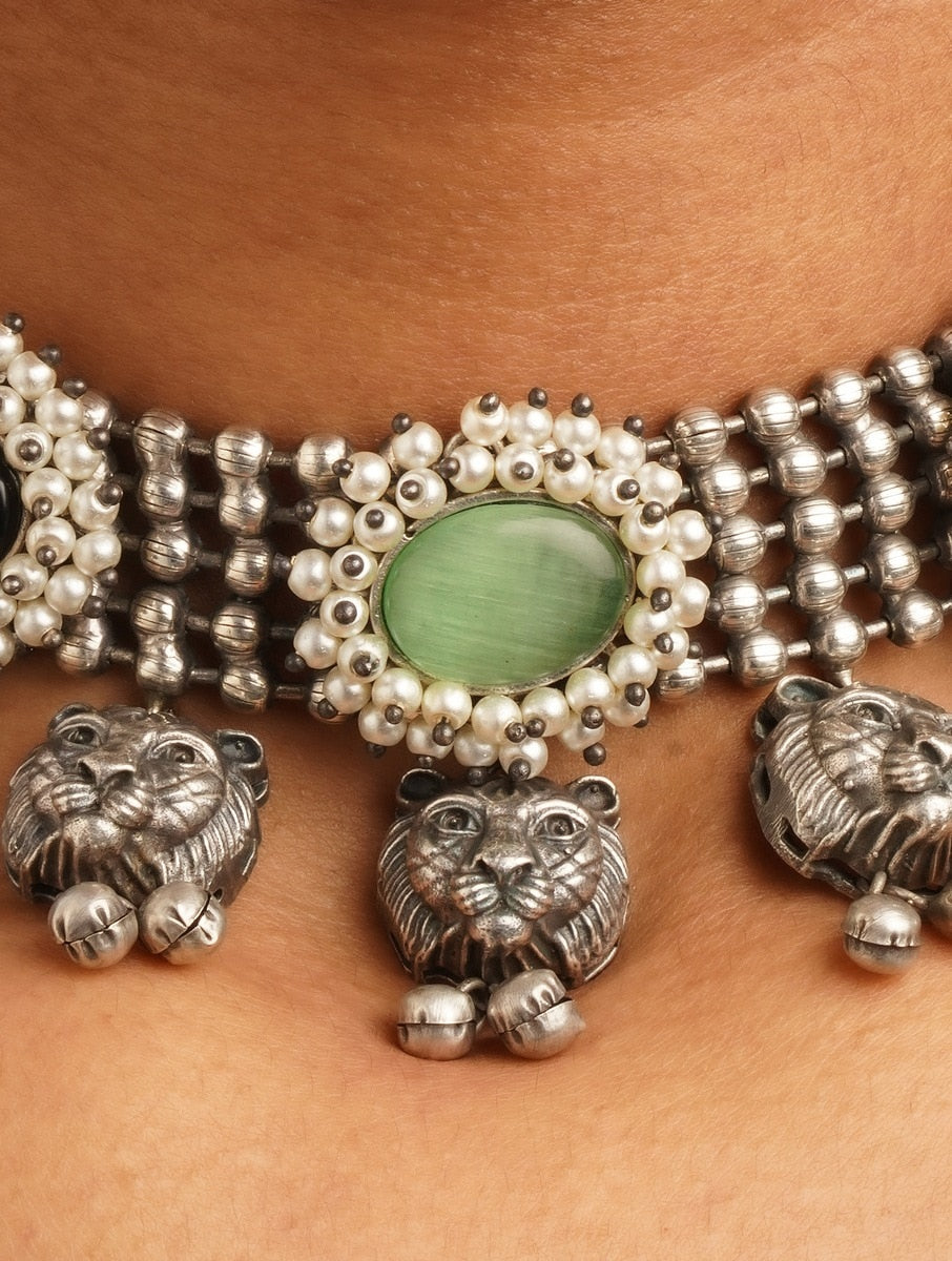 Silver, green, and black necklace set, handcrafted, artistic drape