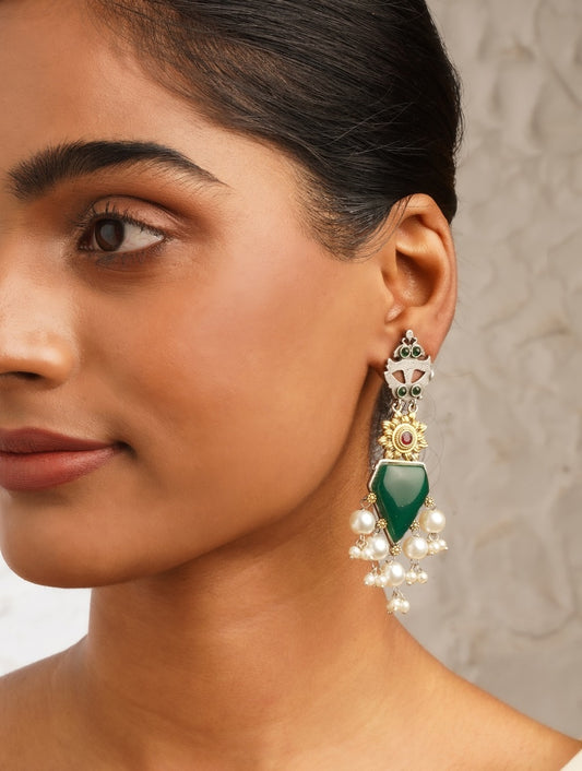 Green dangle earrings, Neeru by Naitri, subtle festive style.