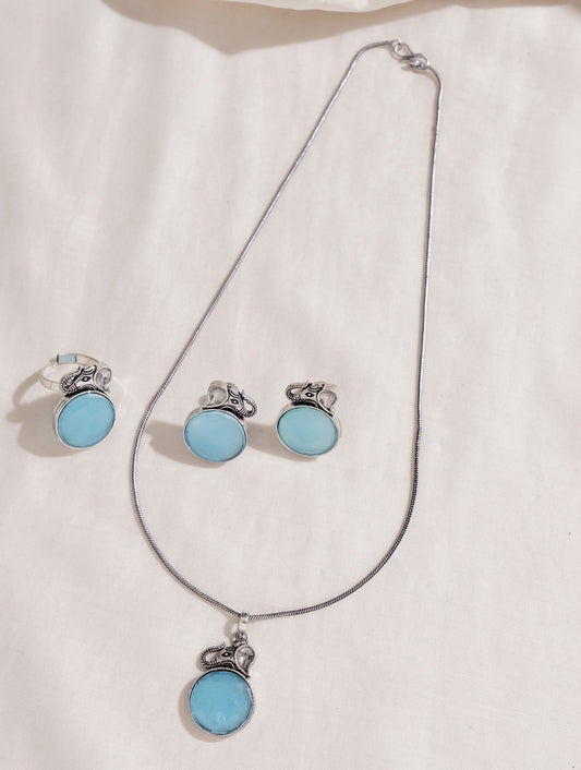 Blue and silver choker necklace set with matching ring, Noori by Naitri.