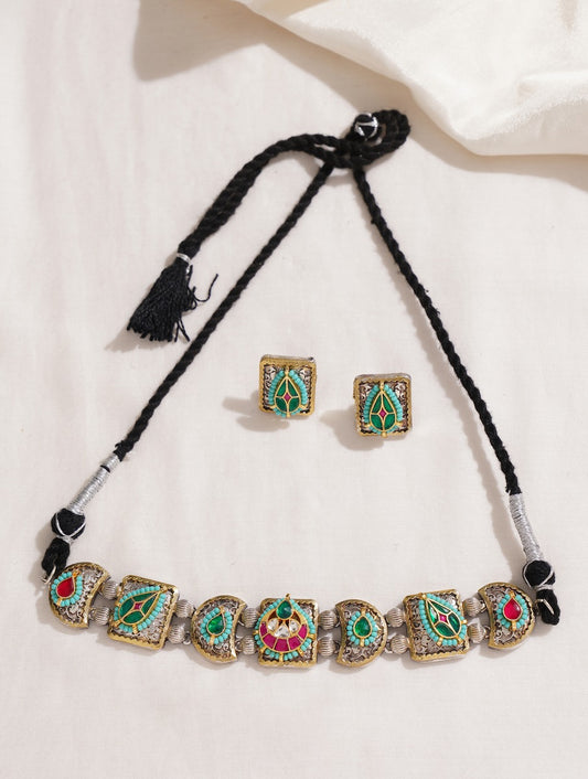 Gold, black, and green choker necklace set, Ojasvi by Naitri.