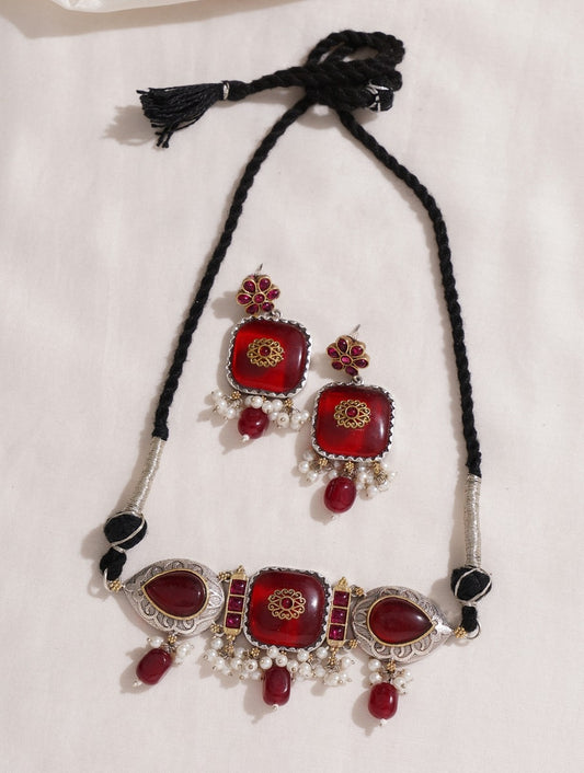 Red and black dangle choker necklace set, brass, premium styling