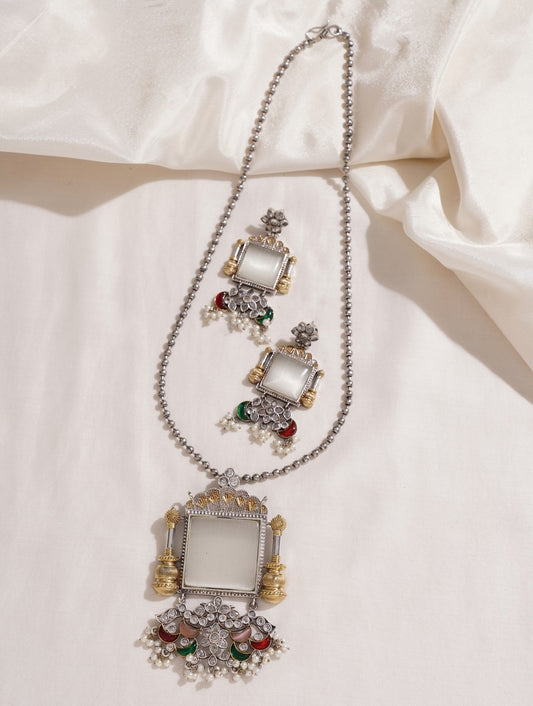 Multicolored dangle necklace set, Adaah by Naitri, with delicate chain.