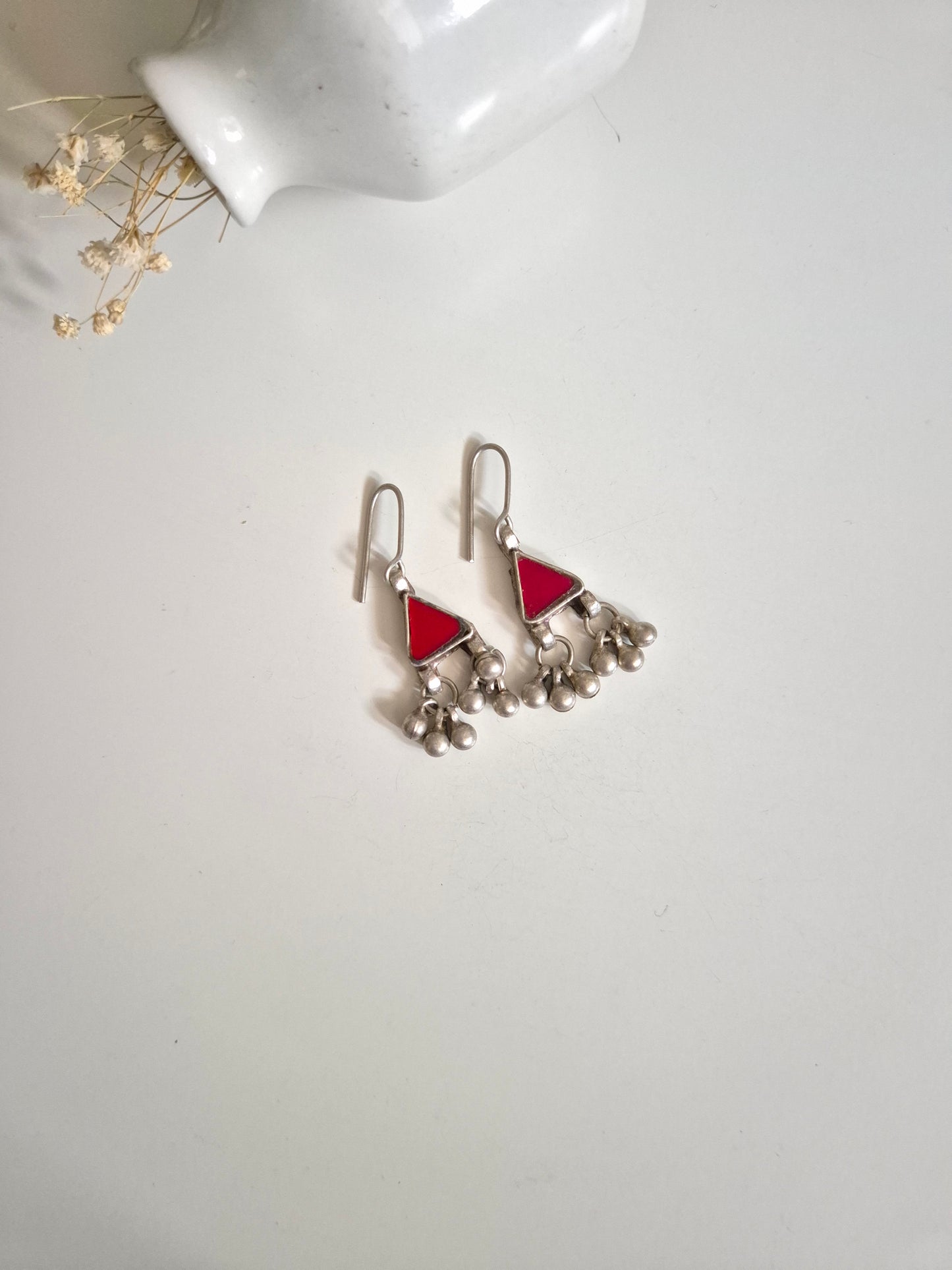Handcrafted Red glass earrings with silver finish, and geometric design, Aanya Glass Earring from Naitri. Traditional Indian Jewellery.