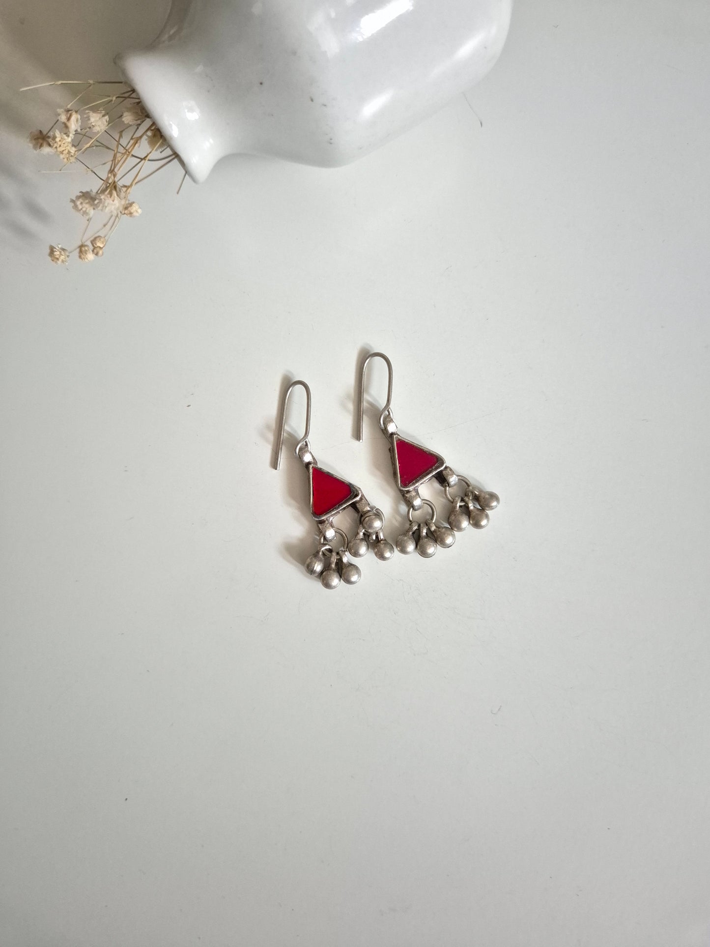 Handcrafted Red glass earrings with silver finish, and geometric design, Aanya Glass Earring from Naitri. Traditional Indian Jewellery.