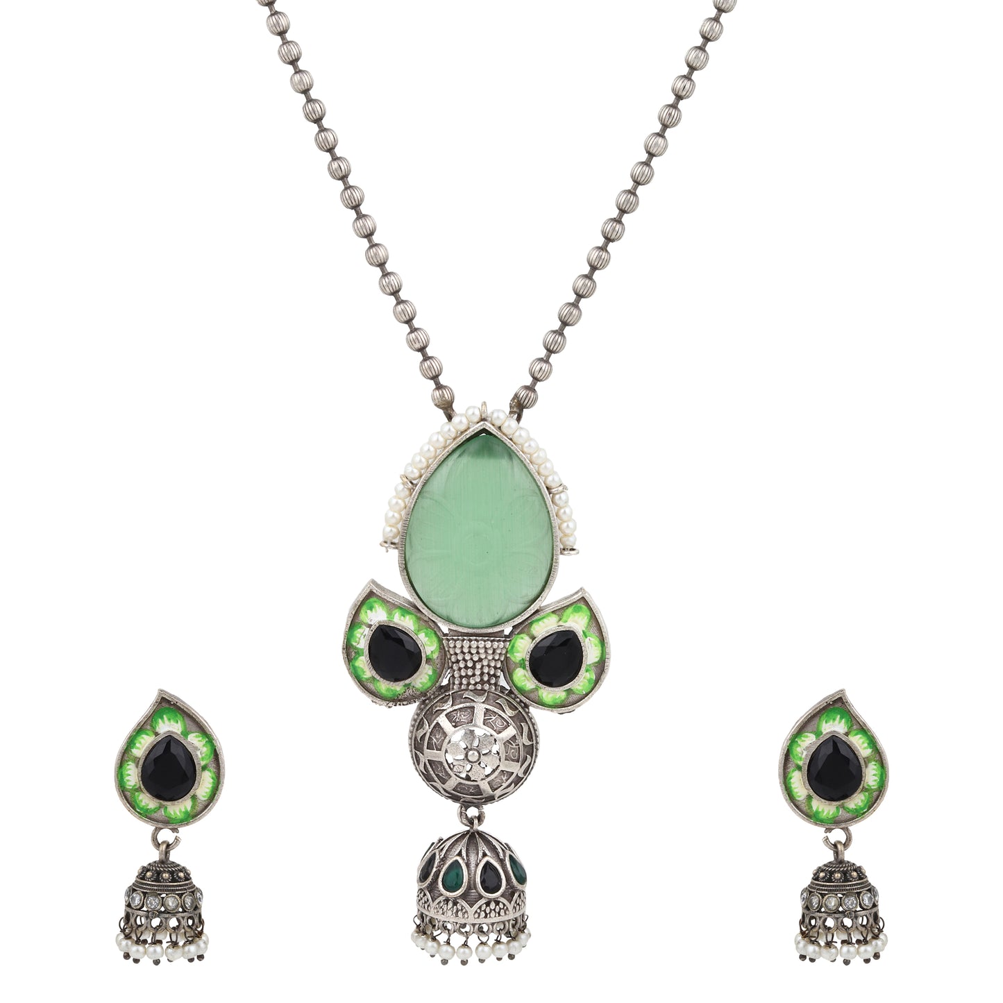 Green and red statement necklace set, Oni by Naitri, drop style seen on bust.