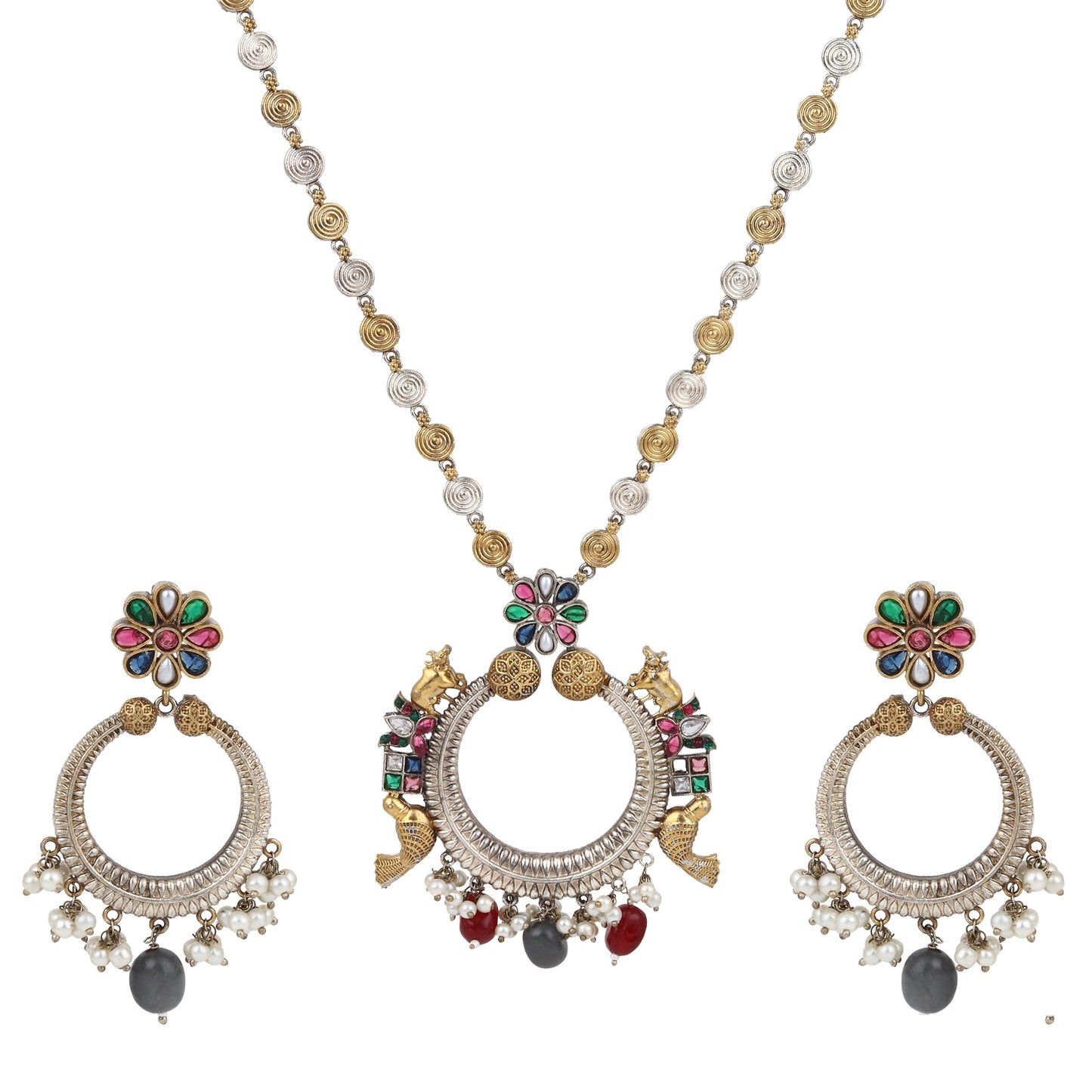 Gold and beige pendant necklace set, Mukta by Naitri, paired with matching earrings.