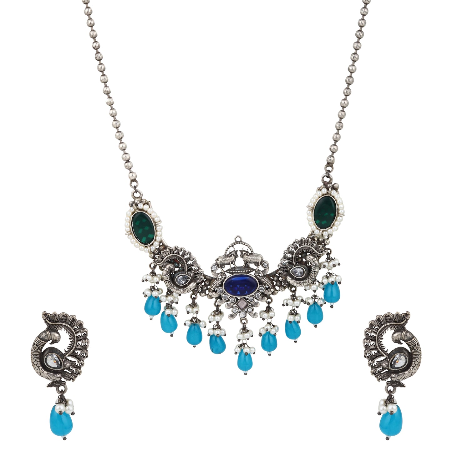 Silver and blue dangle necklace set, Amrita by Naitri, pendant style.