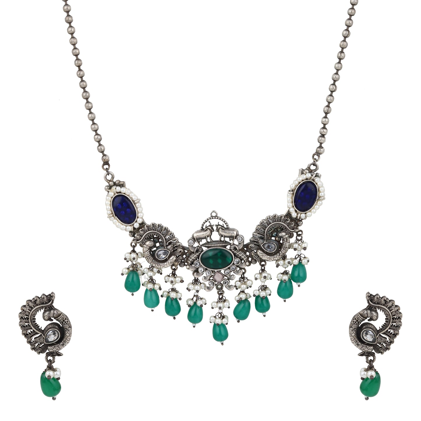 Green and silver pendant necklace set, Shyla by Naitri on white bust.