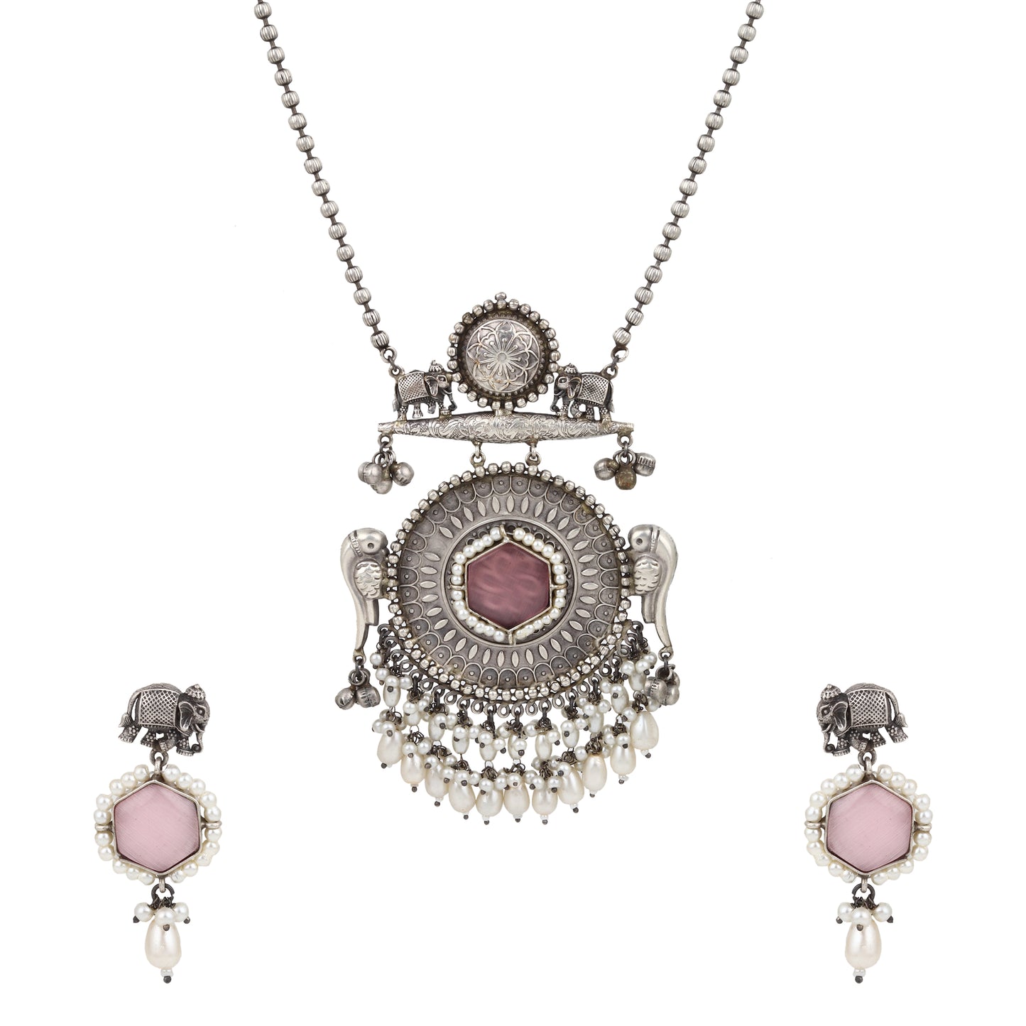 Silver, white, and pink pendant necklace set, Chandana by Naitri, displayed flat.
