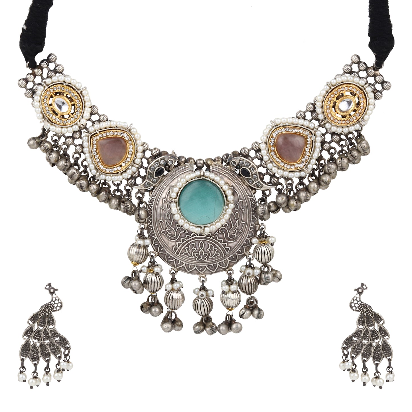 Multicolor beaded necklace set, Rangkriti by Naitri, on white display.