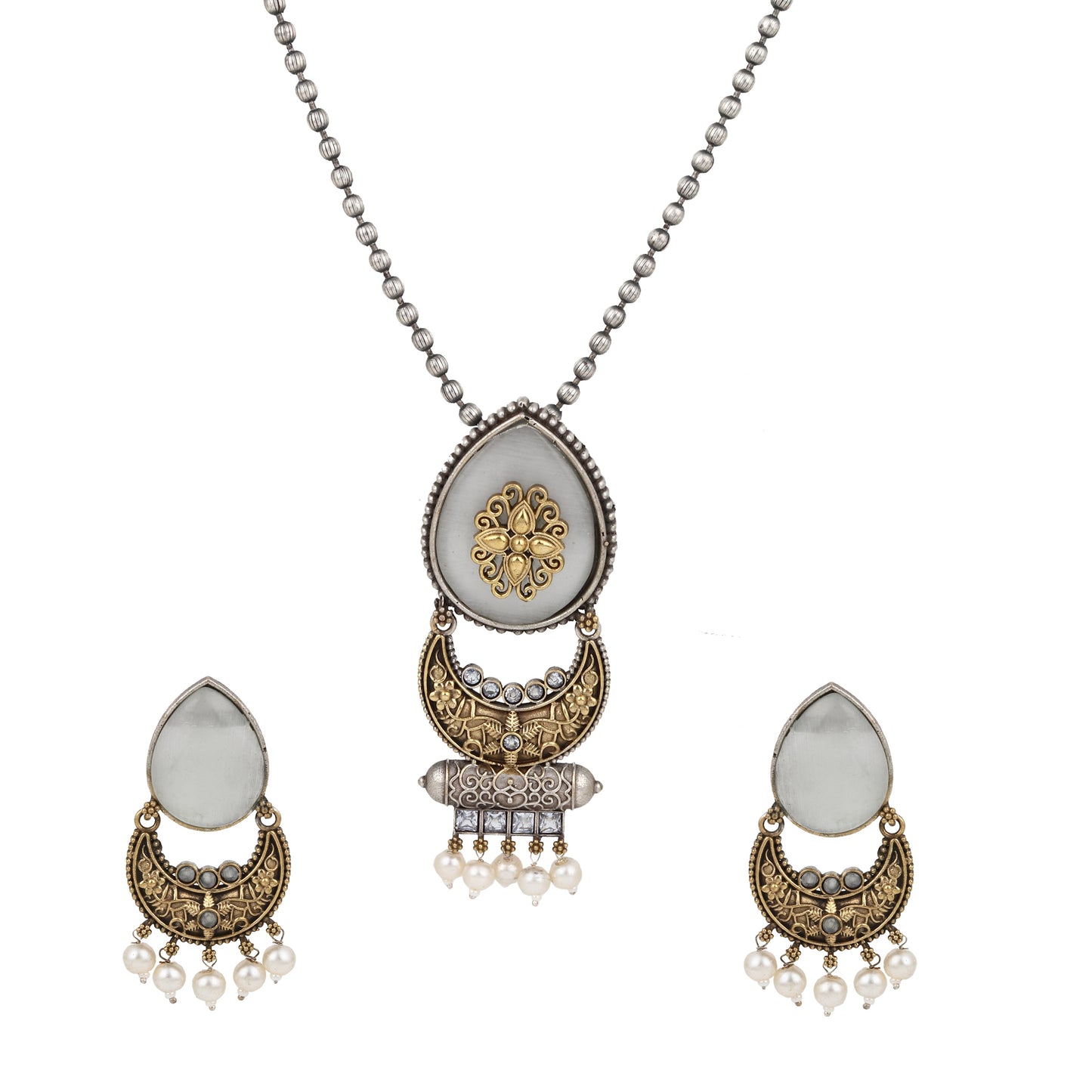 Gold and silver white dangle necklace set, Ziya by Naitri, beaded pendant.