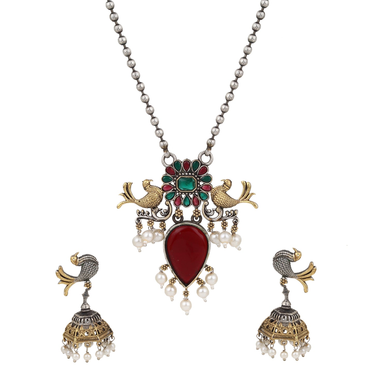 Silver, red and gold pendant necklace set, Preksha by Naitri, elegant traditional design.
