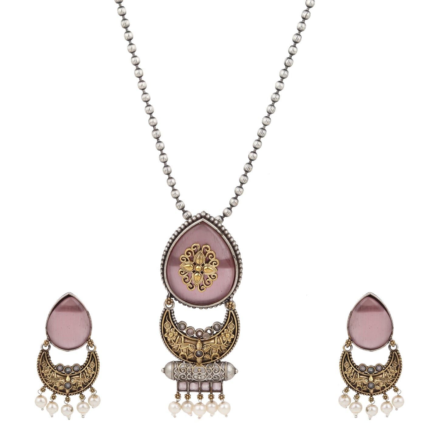 Brass choker necklace set with pink and silver pendant, luxurious display