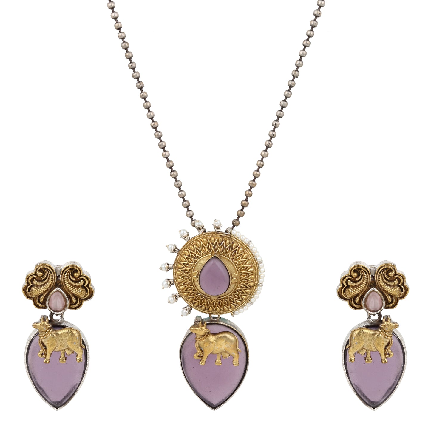 Dual-tone purple and gold necklace set, Ishani by Naitri, statement centerpiece.
