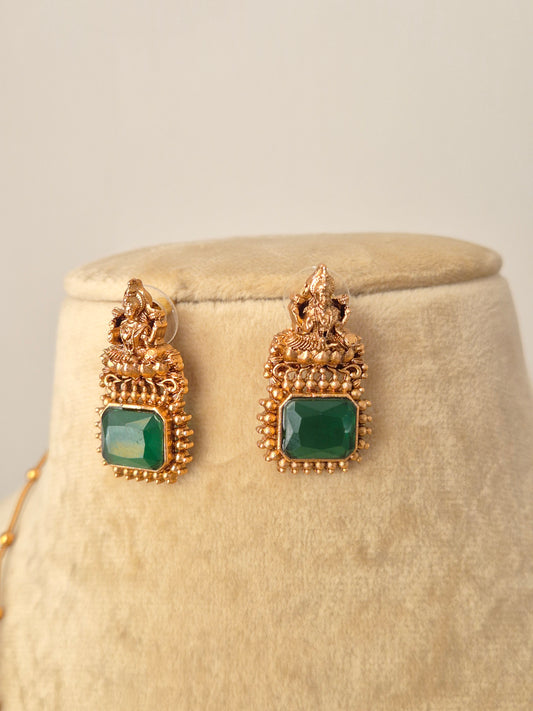 Green gemstone geometric and gold-toned, godess motifs earring stud by naitir.in