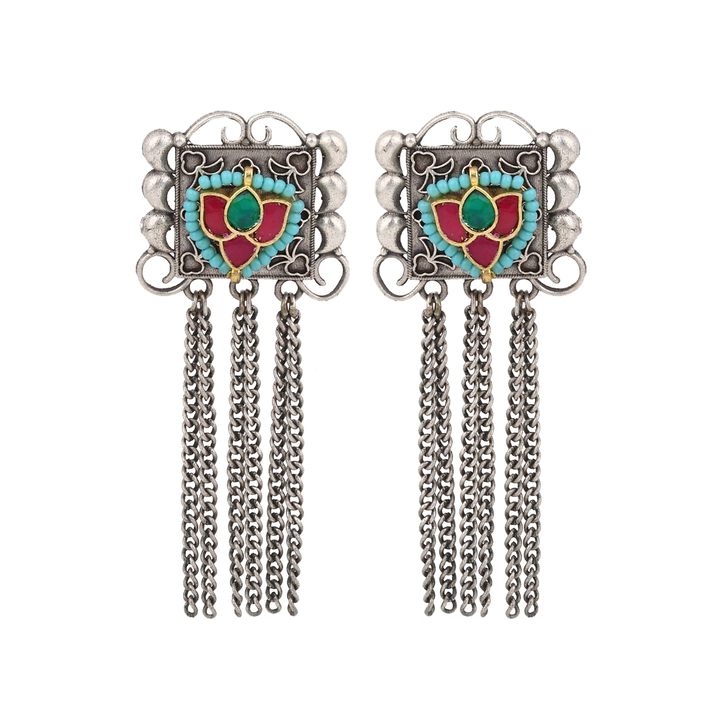 Silver and red stud earrings, Mairu by Naitri, dual tone finish for festive wear.