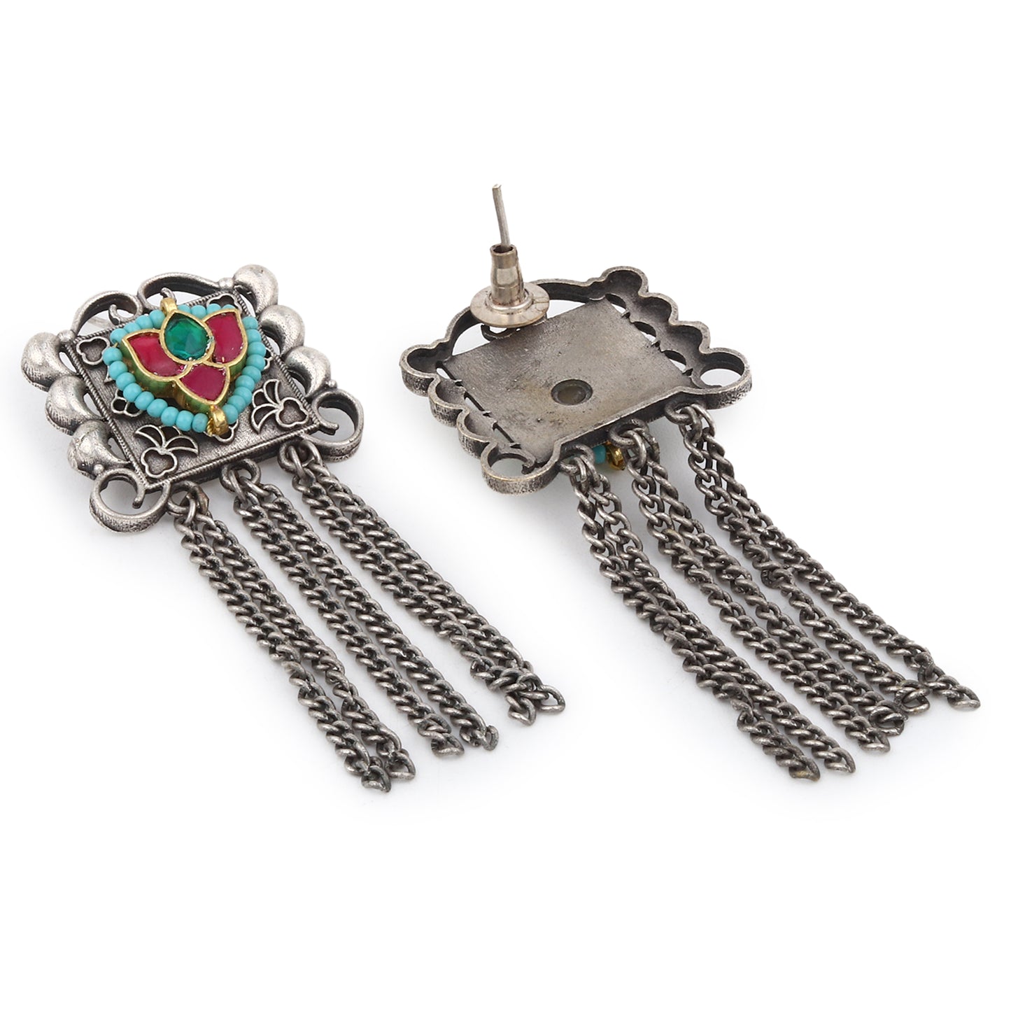 Silver and red stud earrings, Mairu by Naitri, dual tone finish for festive wear.