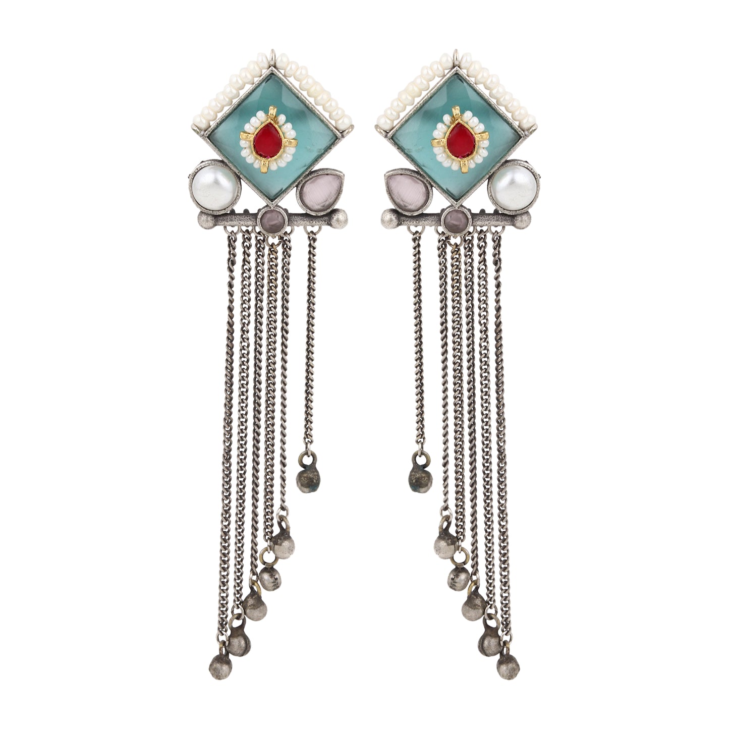 Green and blue stud earrings, Isharya by Naitri on plain display card.