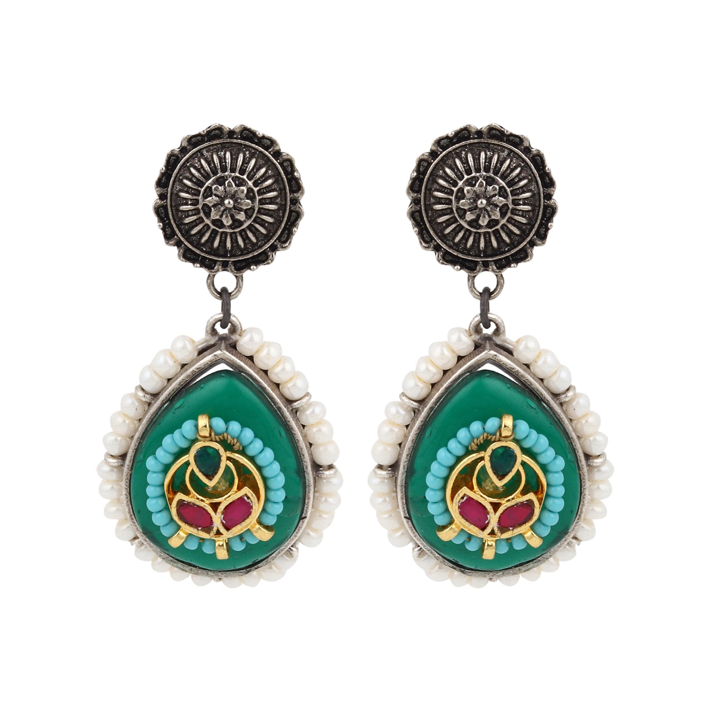 Red and green stud earrings, Megha by Naitri, traditional festive look.