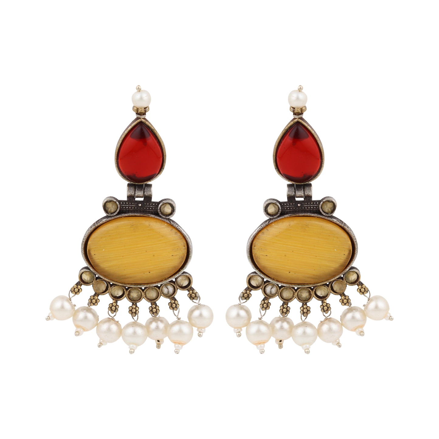 Red and yellow stud earrings, Bindu by Naitri, festive colorful design.