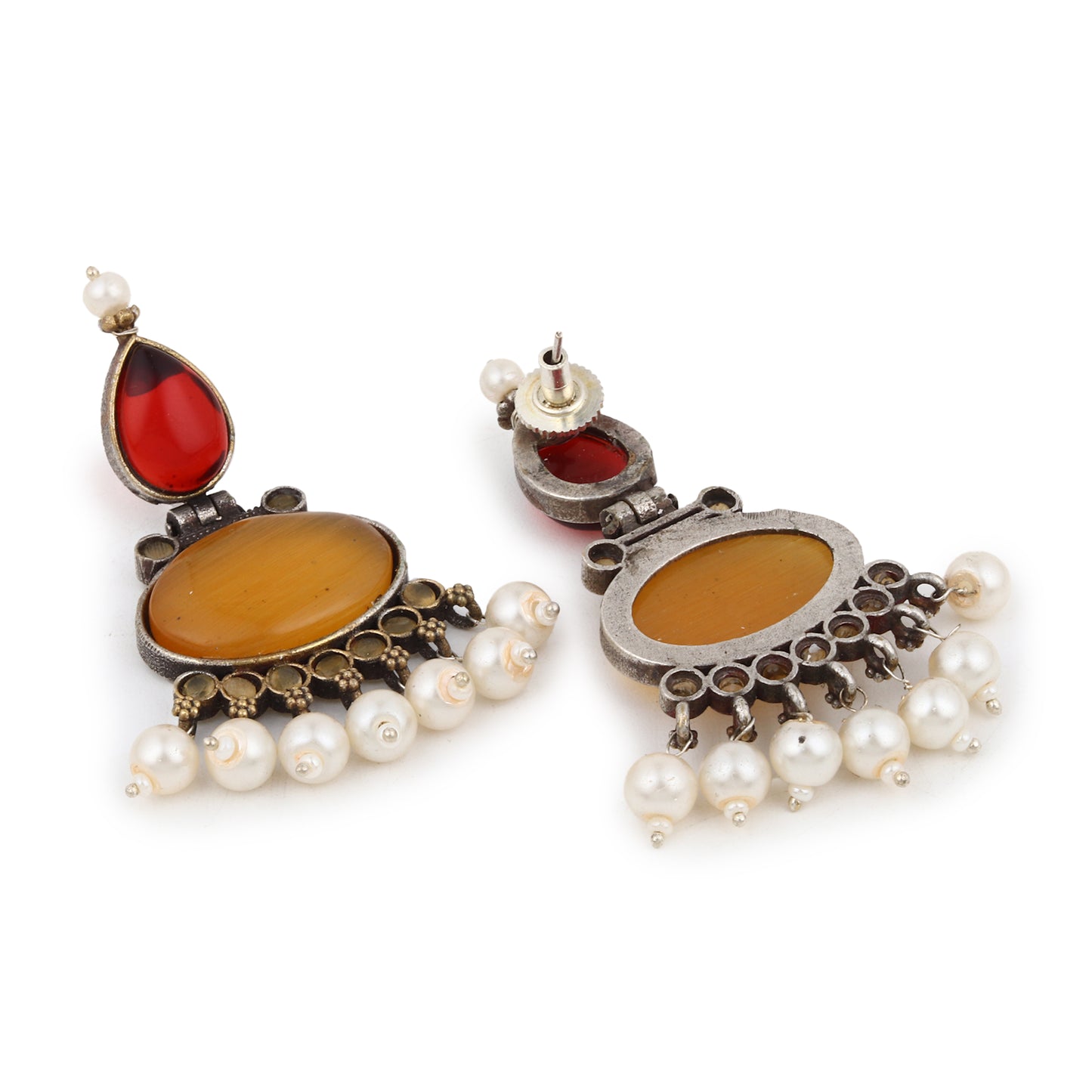 Red and yellow stud earrings, Bindu by Naitri, festive colorful design.