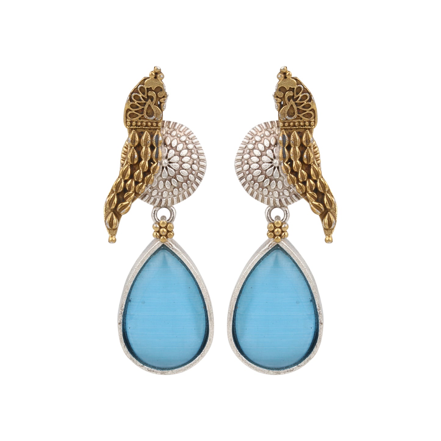 Red and blue stone dangle earrings, Pakhi by Naitri, oxidised brass jewelry.