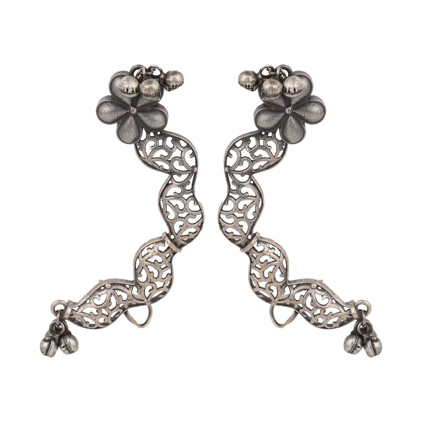 Silver ear cuff earrings, Rekha by Naitri, floral stud dangle design.