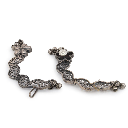 Silver ear cuff earrings, Rekha by Naitri, floral stud dangle design.