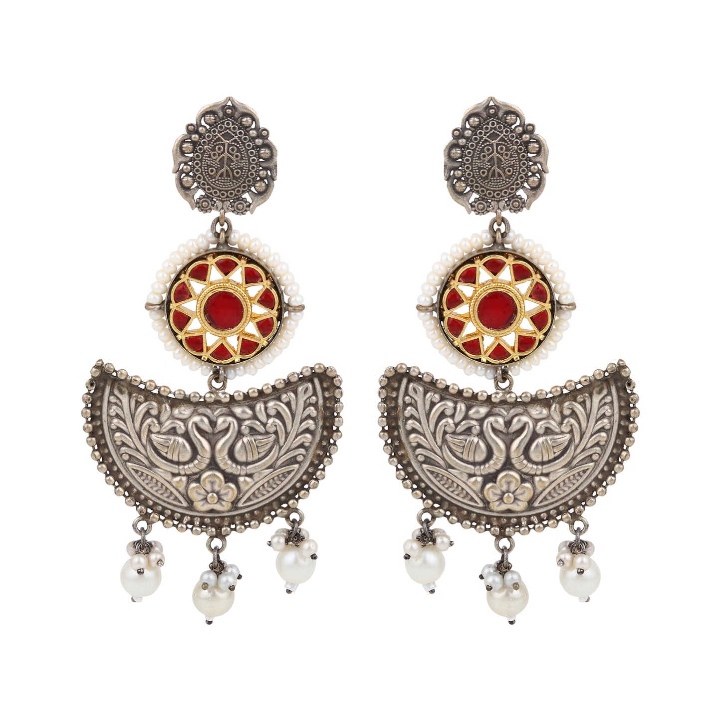 Silver-tone stud earrings, intricate oxidized design, shown on white background