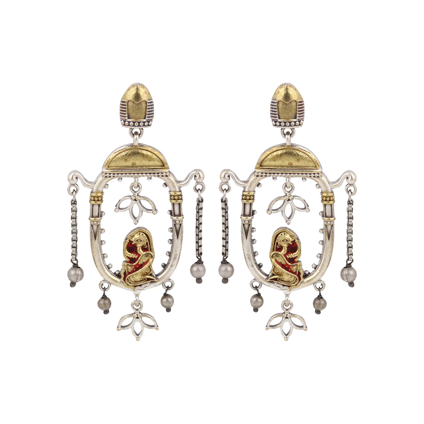 Red and gold stud earrings with bold stone embellishments
