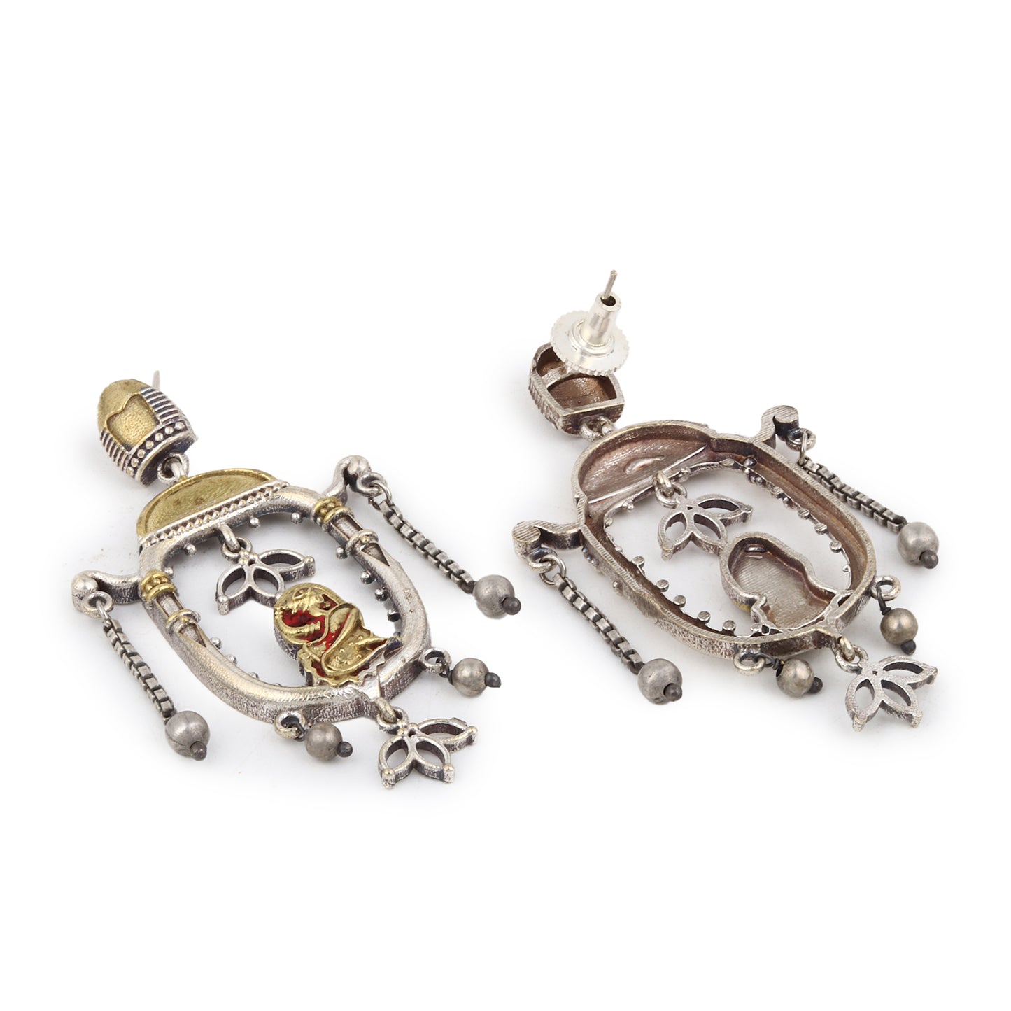 Red and gold stud earrings with bold stone embellishments