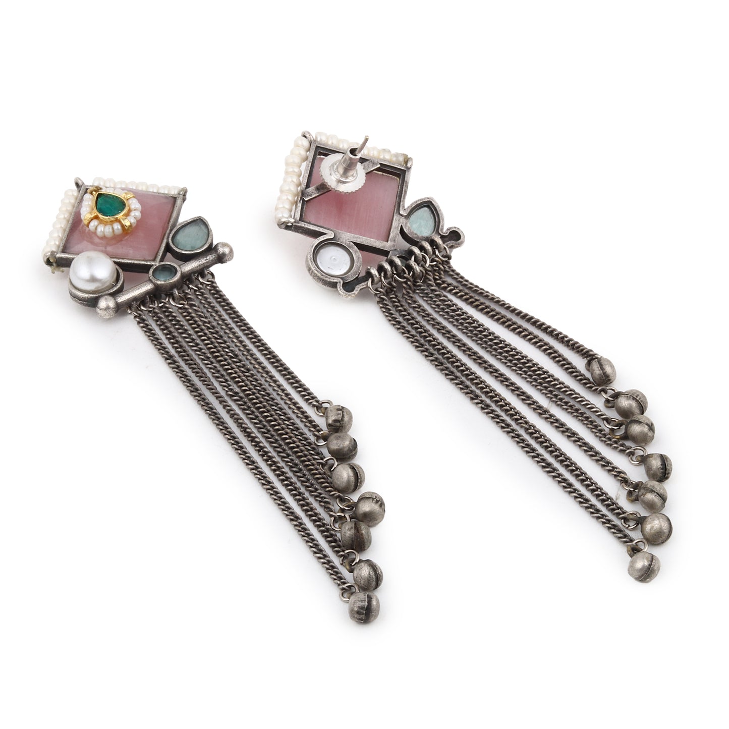 Red and pink stud earrings, Kajal by Naitri, stone design on white.