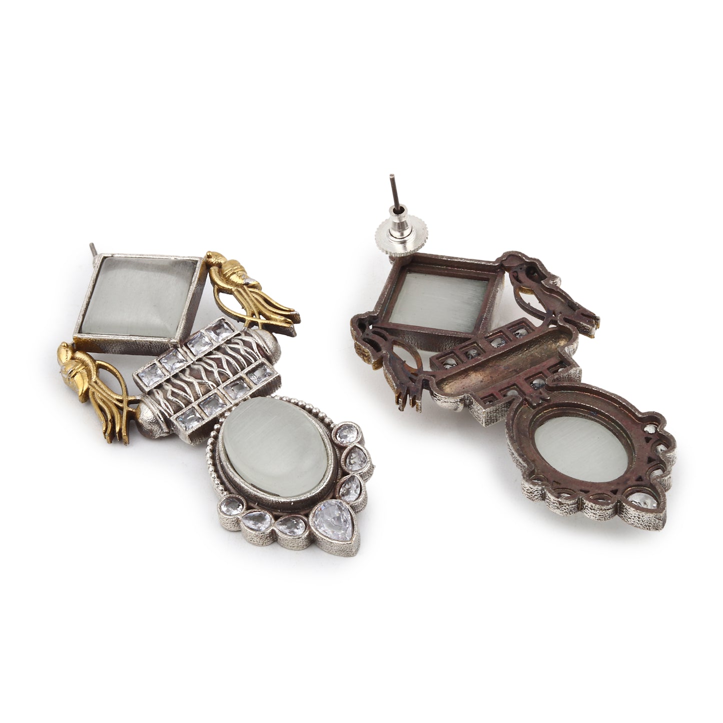 Gold and white dangle earrings, Cheena by Naitri, ethnic style shown upright.