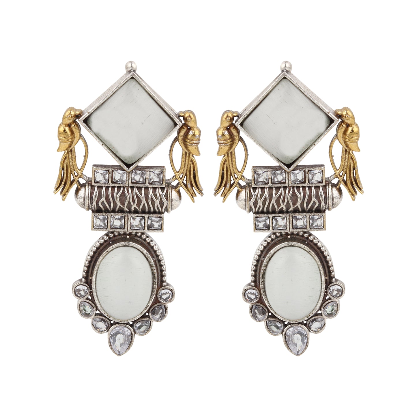 Gold and white dangle earrings, Cheena by Naitri, ethnic style shown upright.