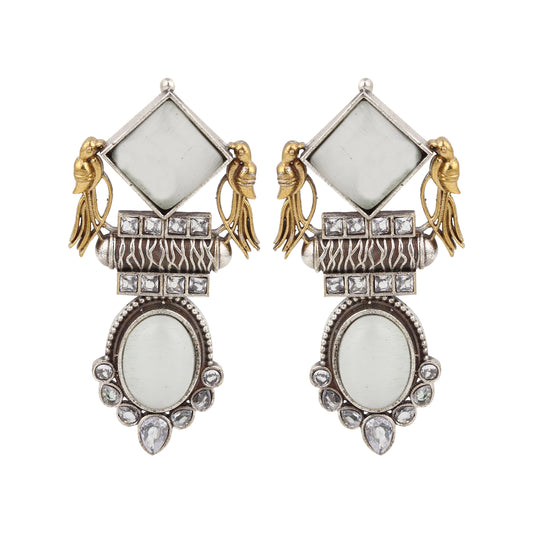 Gold and white dangle earrings, Cheena by Naitri, ethnic style shown upright.