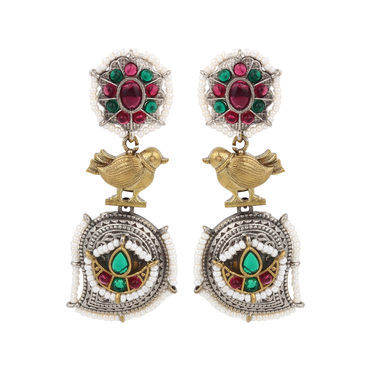 Red and silver stud earrings, Rimisha by Naitri, festive design on display.