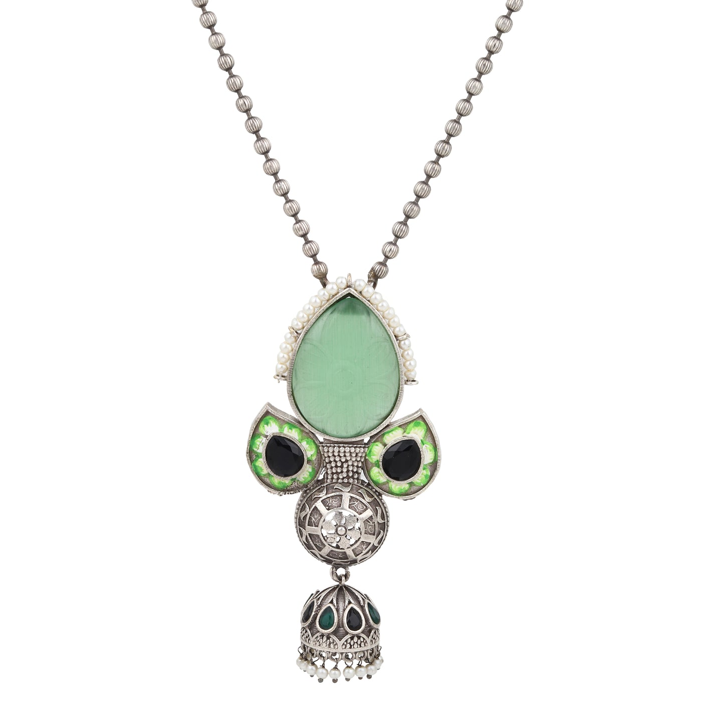 Green and red statement necklace set, Oni by Naitri, drop style seen on bust.