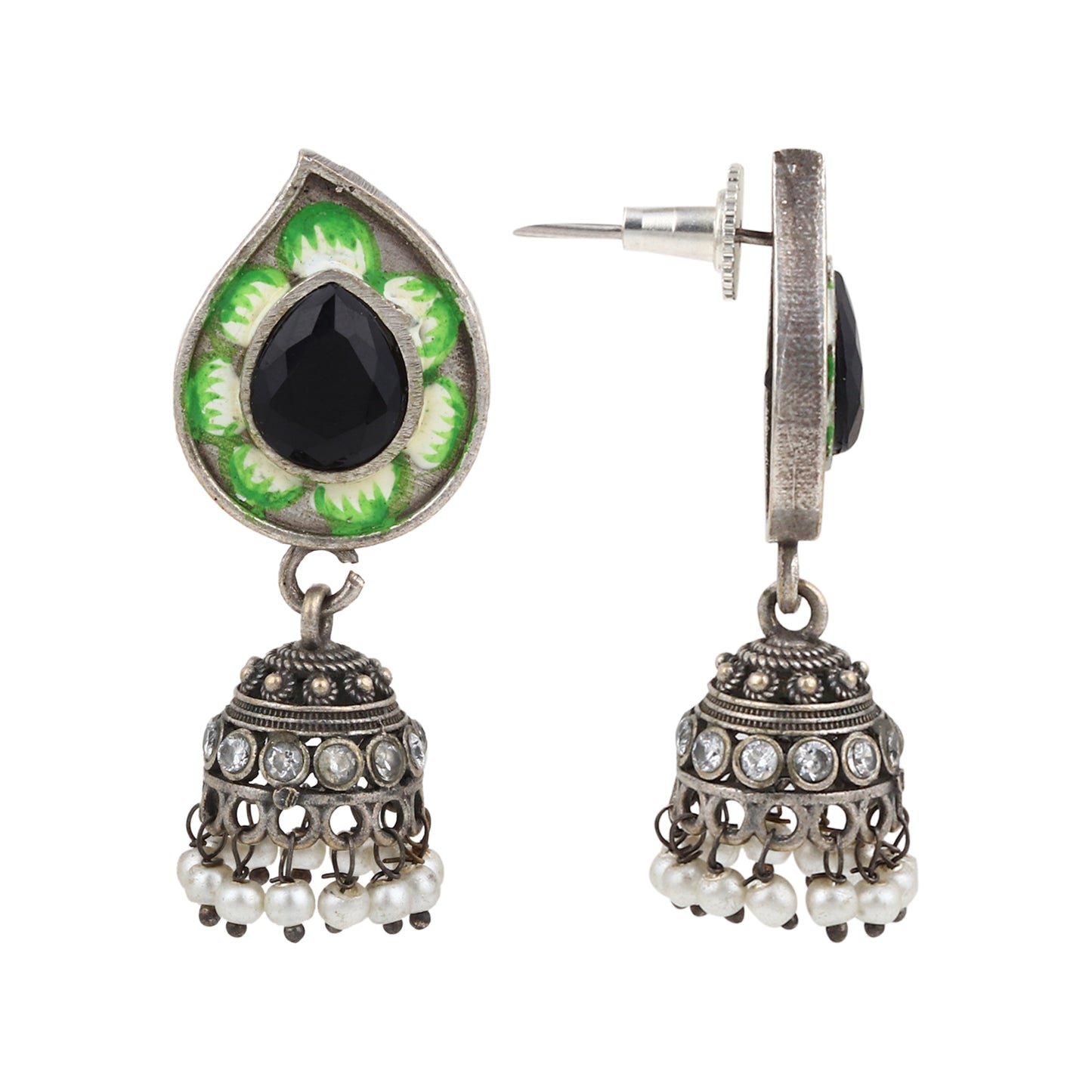 Green and red statement necklace set, Oni by Naitri, drop style seen on bust.