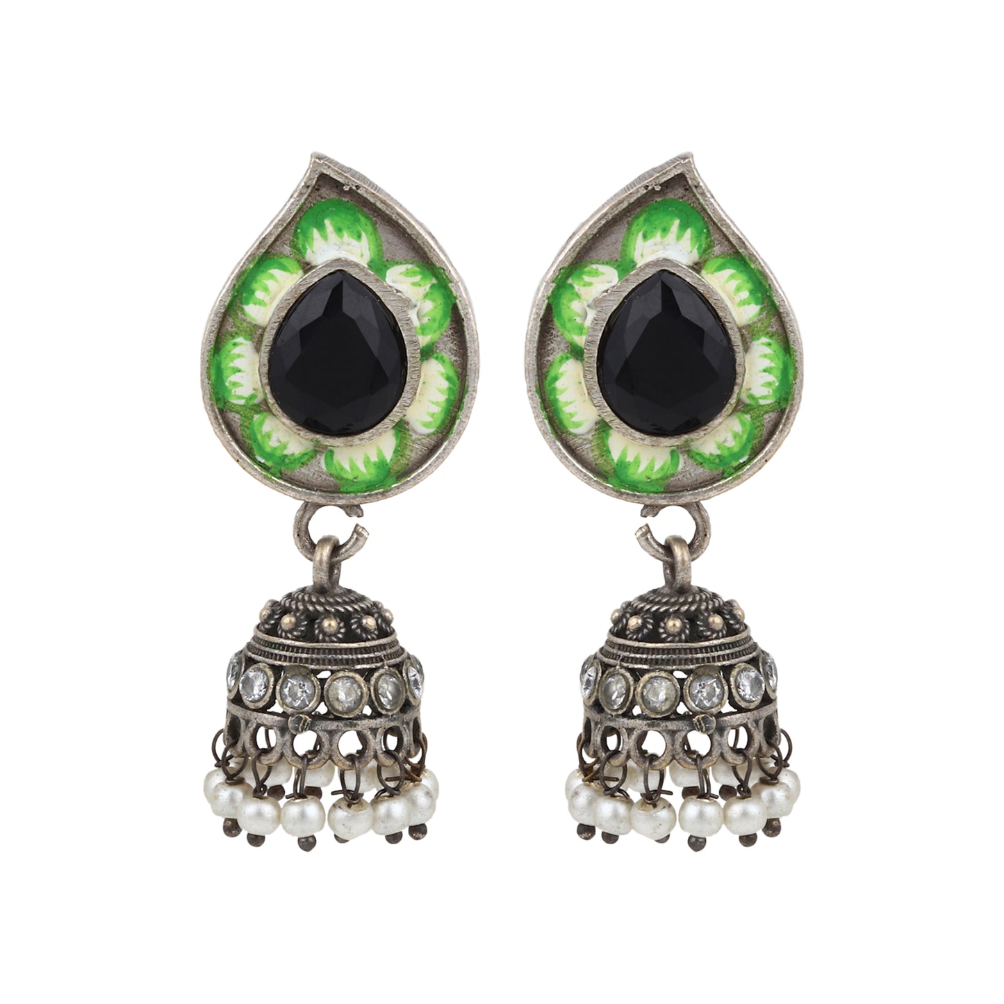 Green and red statement necklace set, Oni by Naitri, drop style seen on bust.
