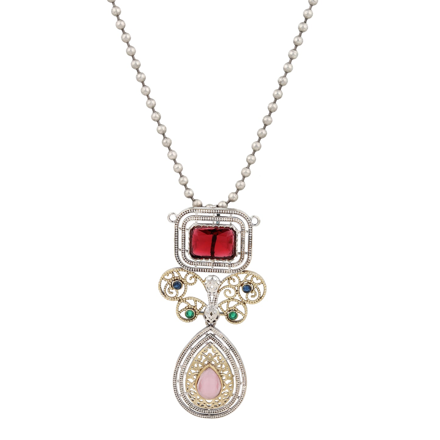 Red pendant necklace set, Vira by Naitri, statement jewelry on soft background.