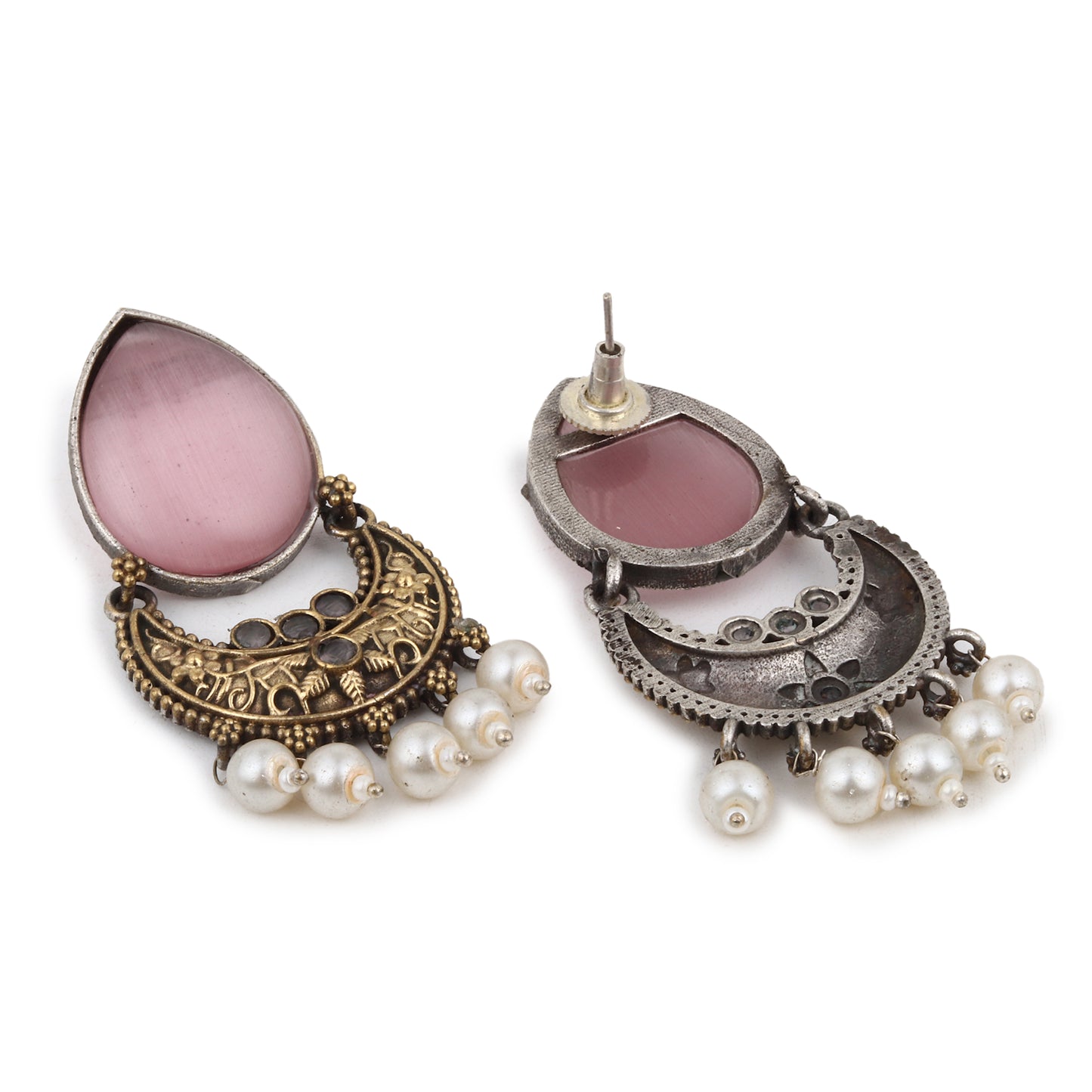 Brass choker necklace set with pink and silver pendant, luxurious display